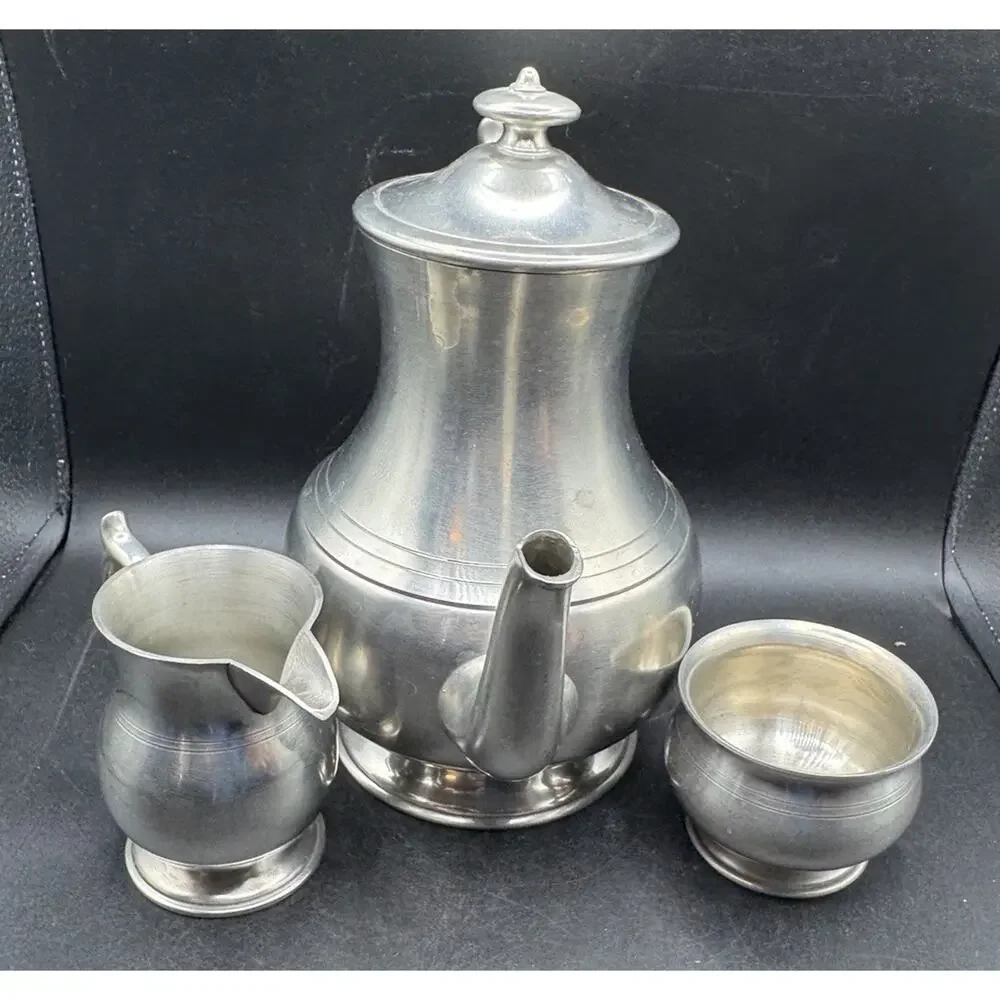 Vintage Woodbury Pewter 3 Piece Teapot Cream and Open Sugar Bowl USA EUC